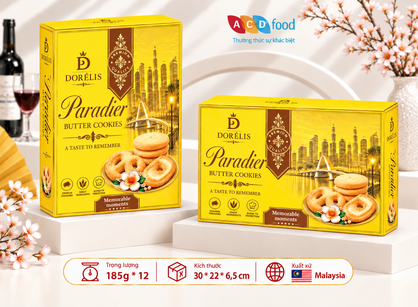 Bánh quy bơ Paradier 185g*12 - Hộp giấy (Đỏ, Vàng, Xanh)